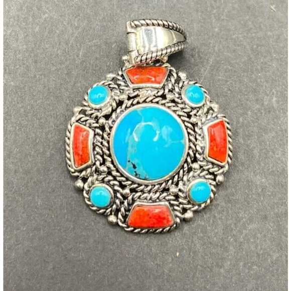 Turquoise Coral Round Charm Pendant Filigree Sterling Silver Crystal NK Thailand - Picture 6 of 8